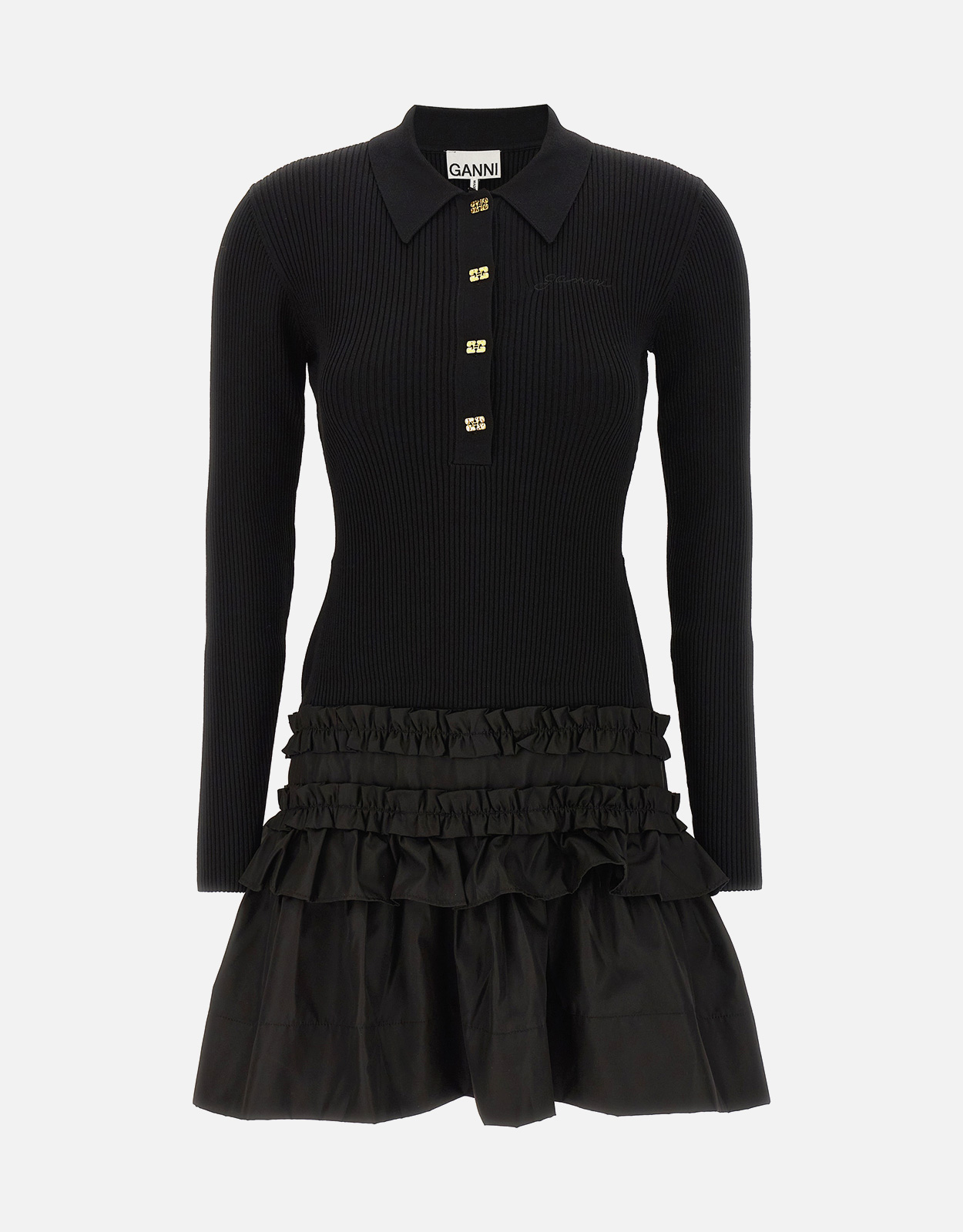 Ganni Rib Knit Ruffle Mini Dress