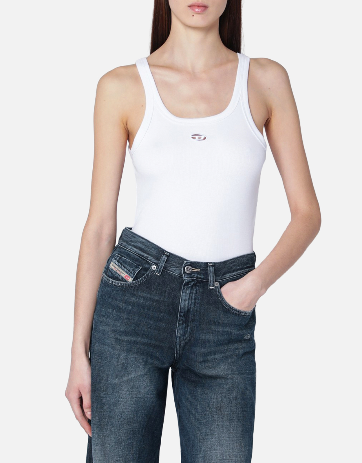 Diesel Wife white tank top with laser-cut Oval D