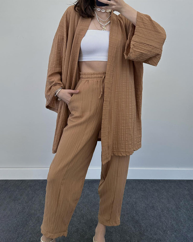 Zeagoo Women's Casual Loungewear Set Solid Color Loose Long Sleeve Kimono Cardigan and Pants - Khaki
