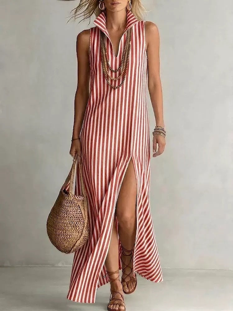 Striped Stand Collar Side-Slit Sleeveless Maxi Dress A