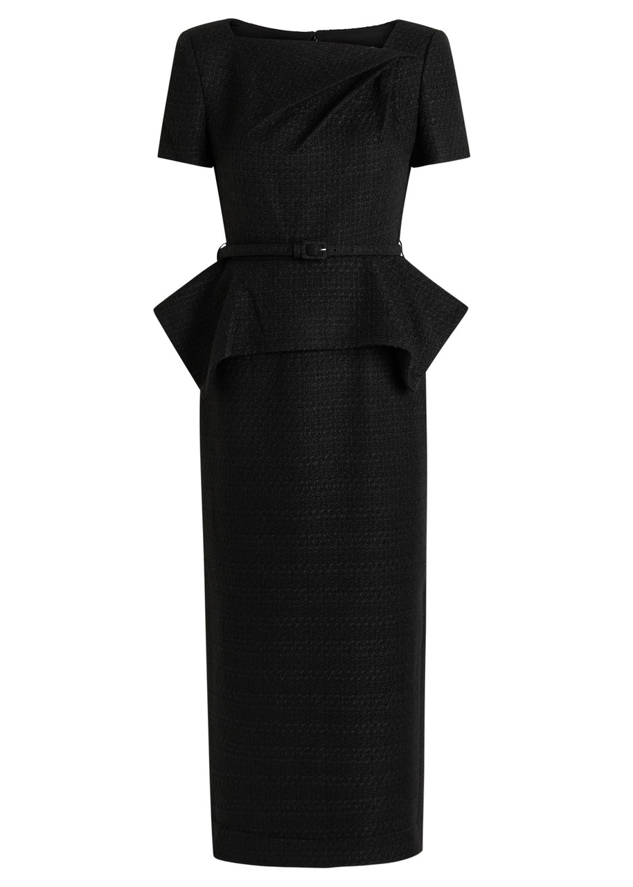 Roland Mouret Belted Peplum Tweed Midi Dress - Black - M