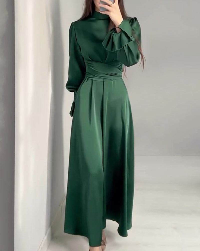 Long Sleeve Belted Puff Sleeve Green Elegant Dress - Green