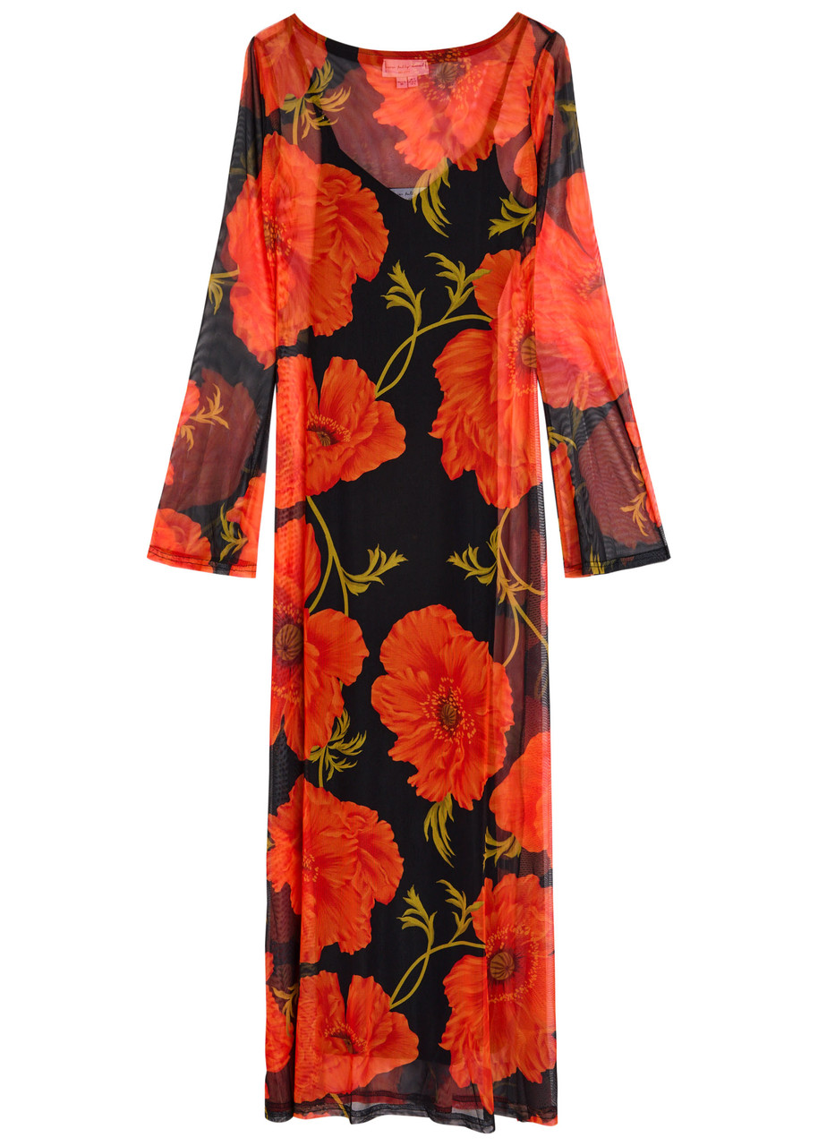 Never Fully Dressed Floral-print Mesh Midi Dress - Black Red - S