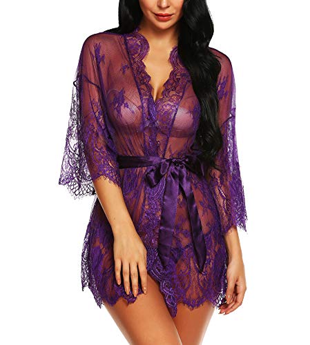 RSLOVE Women's Lace Kimono Robe - Sexy Babydoll Lingerie - Purple Small