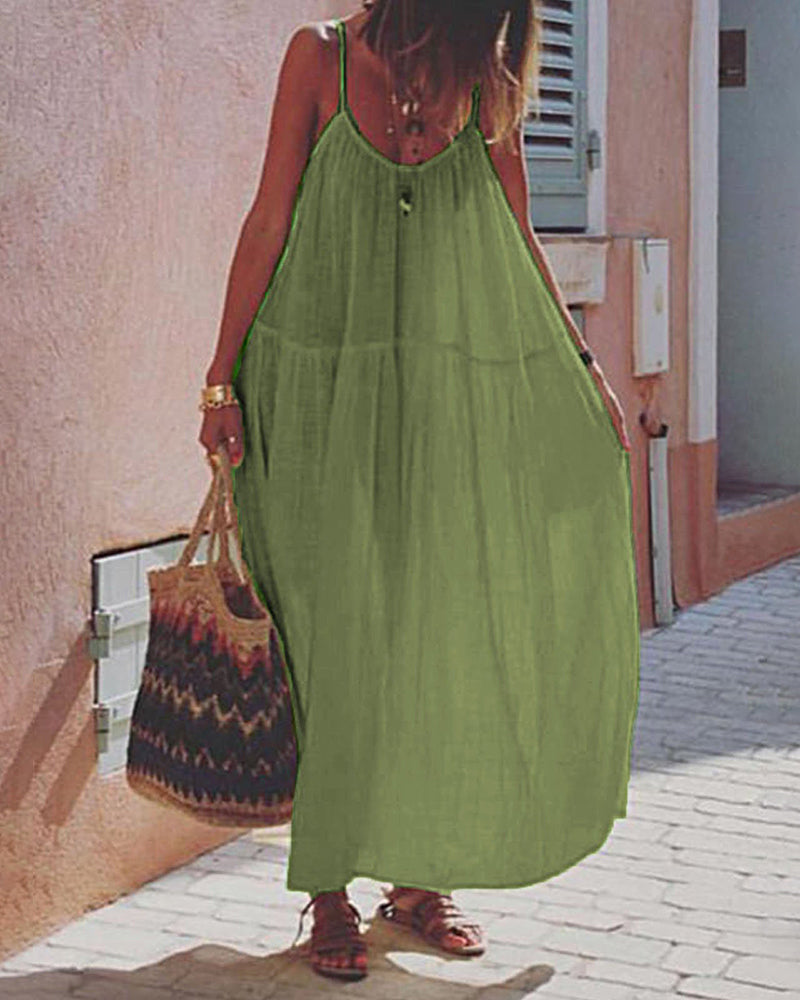 Zeagoo Women's Casual Thin Beach Dress Solid Color Loose Spaghetti Strap Swing Dress - Green L-