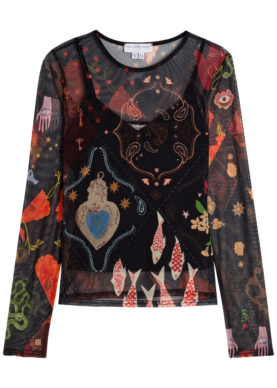 Never Fully Dressed Night Garden Printed Mesh top - Black - S