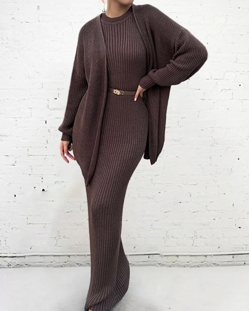 Lazy Style Knitted Sweater Long Dress & Cardigan Two-piece Sets - Brown
