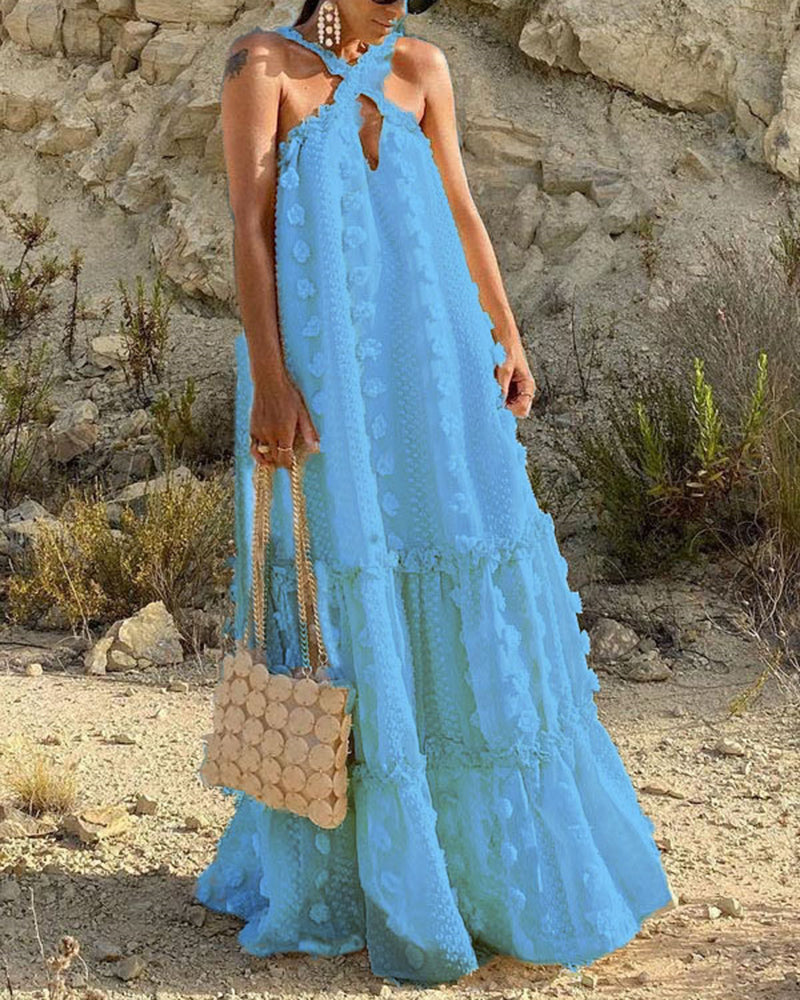 Flowy Cut Out Halter Neck Long Dress Chiffon Ruffle Frill Trim Puffy Swing Dress - Blue S