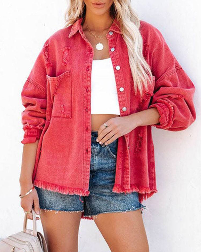 Zeagoo Cropped Jacket Frayed Hem Button Long Sleeves Casual Loose Solid Color Denim Jacket - Red S