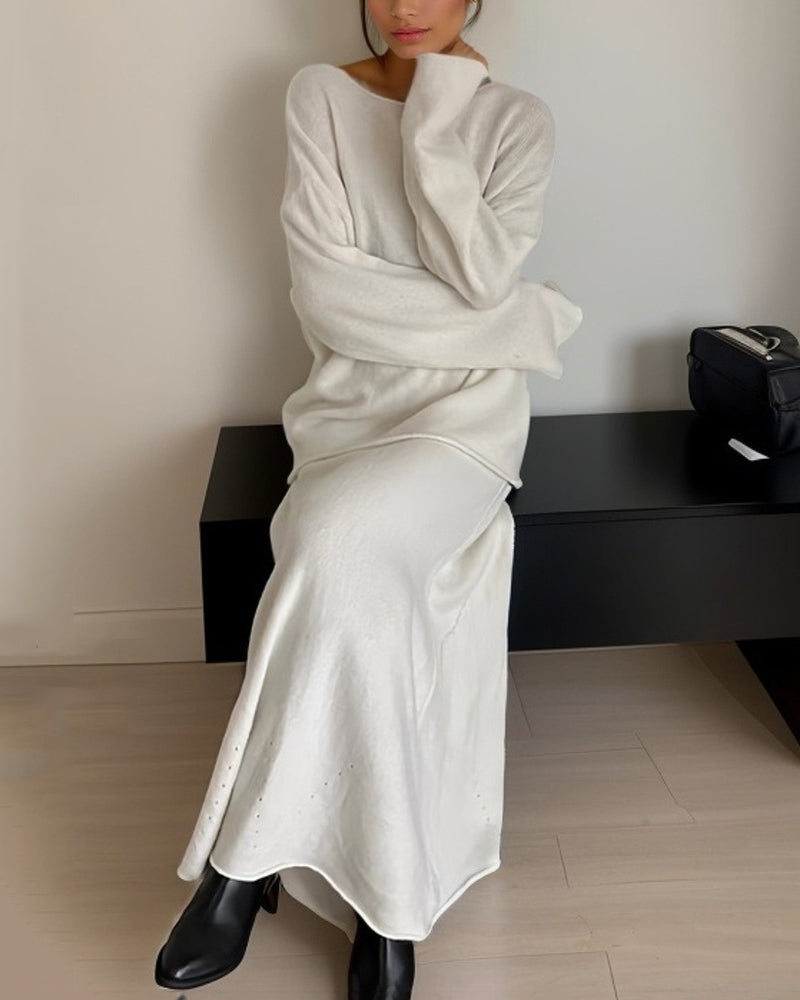 Elegant Knitted Two Pieces Sets One-shoulder Sweater Top Elastic Waist Fishtail Skirt - White L-