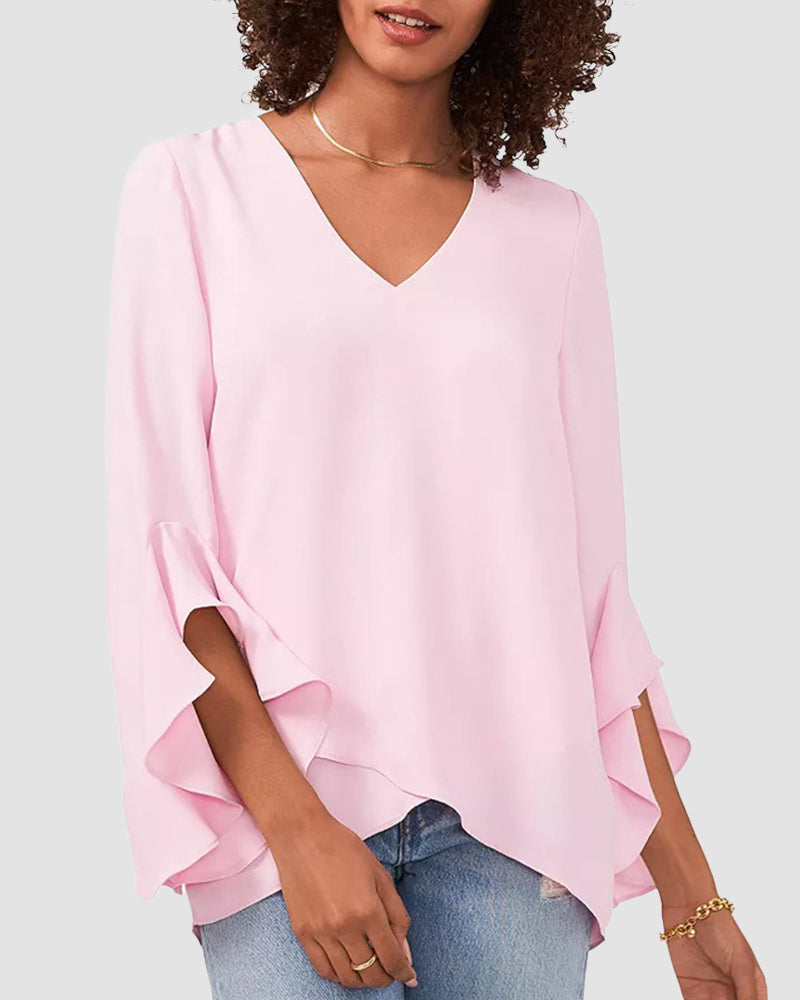 Zeagoo Zeagoo Women's Chiffon Flutter Sleeve V-Neck Tunic Blouse Shirt Casual Chic Elegant Top - Pink