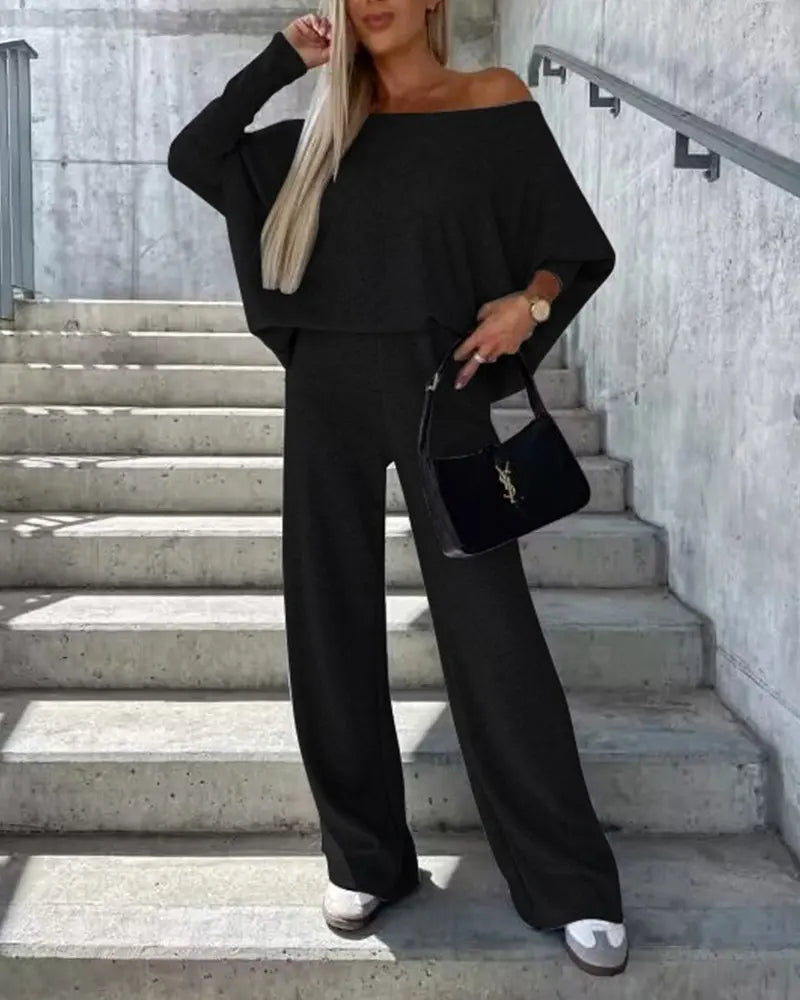 Solid Color Two Pieces Sets Off-shoulder Bat Sleeve Top Casual Wide Leg Pants Suit - Black