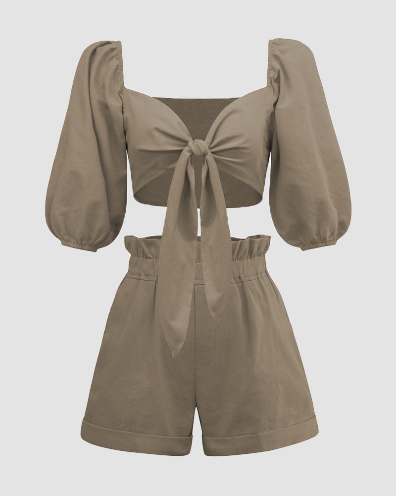 Half Sleeve Knot Front Crop Cardigan Top with Shorts Sets - Khaki M