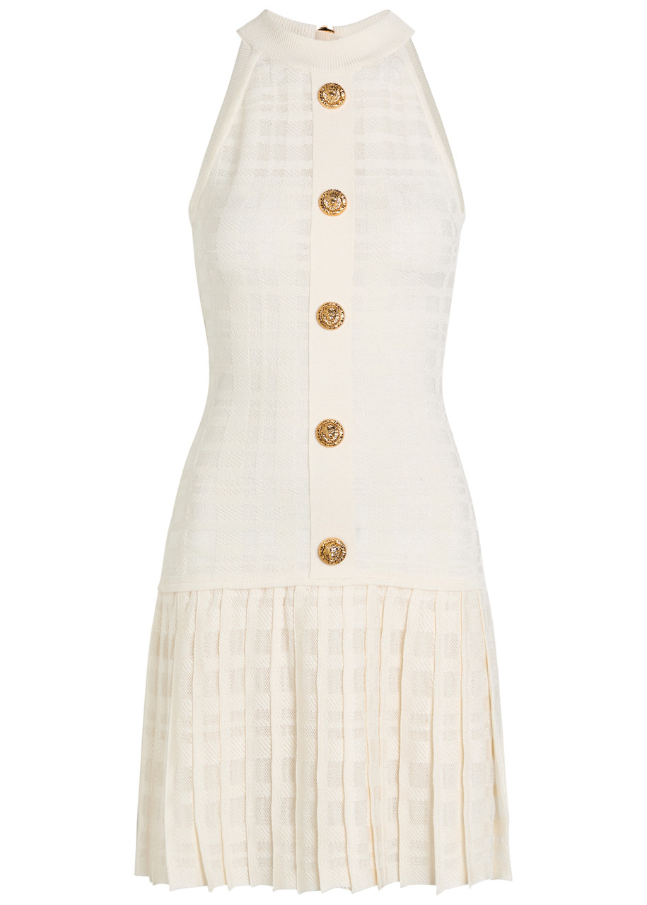 Balmain Checked Pleated Stretch-knit Mini Dress - Natural - M