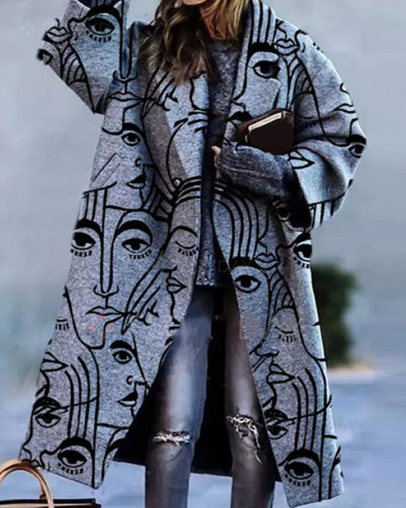 Zeagoo Casual Long Sleeve Lapel Printed Notched Collar Warm Midi Jacket Overcoat - Dark Grey