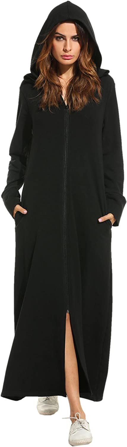 Women's Long Sweatshirt Hooded Robe with Pockets M- - Zeagoo- Black L-