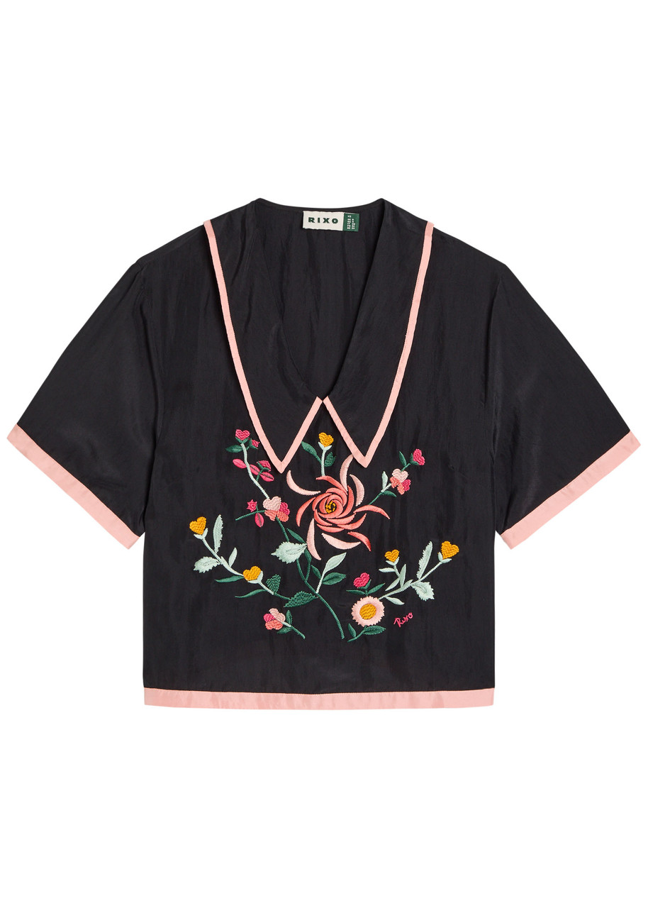 Rixo Nicolina Floral-embroidered Silk top - Black -