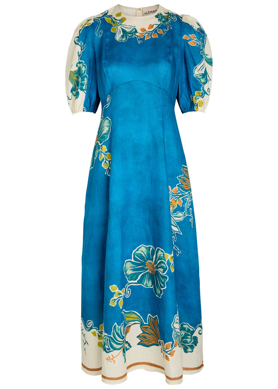 Alemais Luda Printed Linen Midi Dress - Blue -