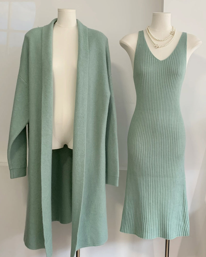 Zeagoo Women's Casual Knitted Cardigan And Sweater Dress Two-Piece Set - Green L-