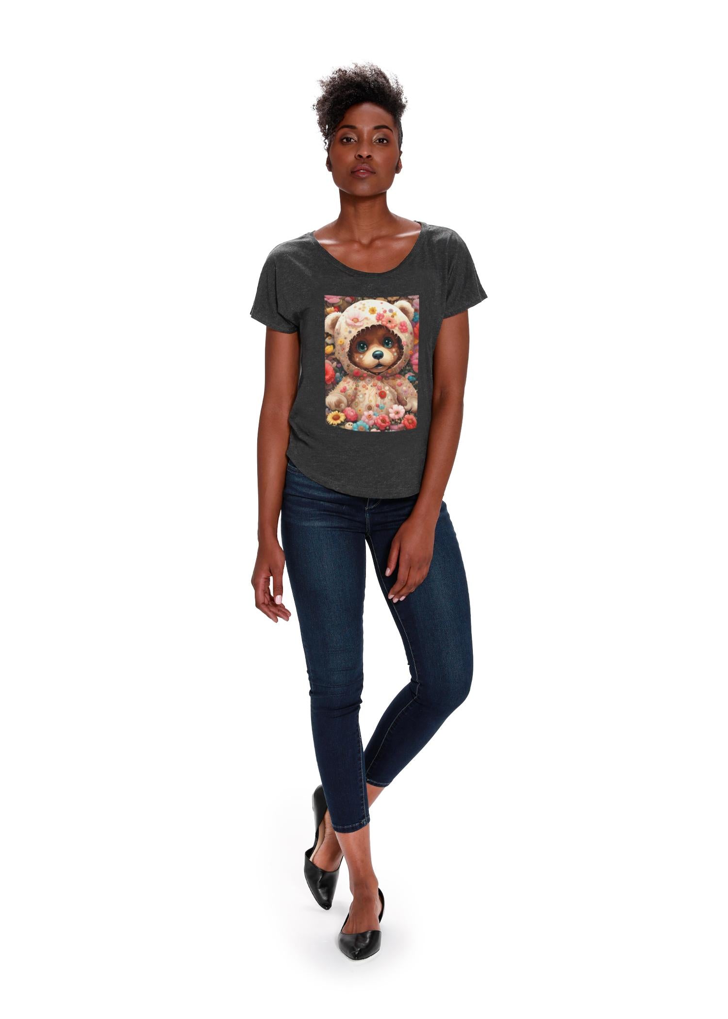 Boatneck Boyfriend Tee - Cute Teddy Bear With Flow
