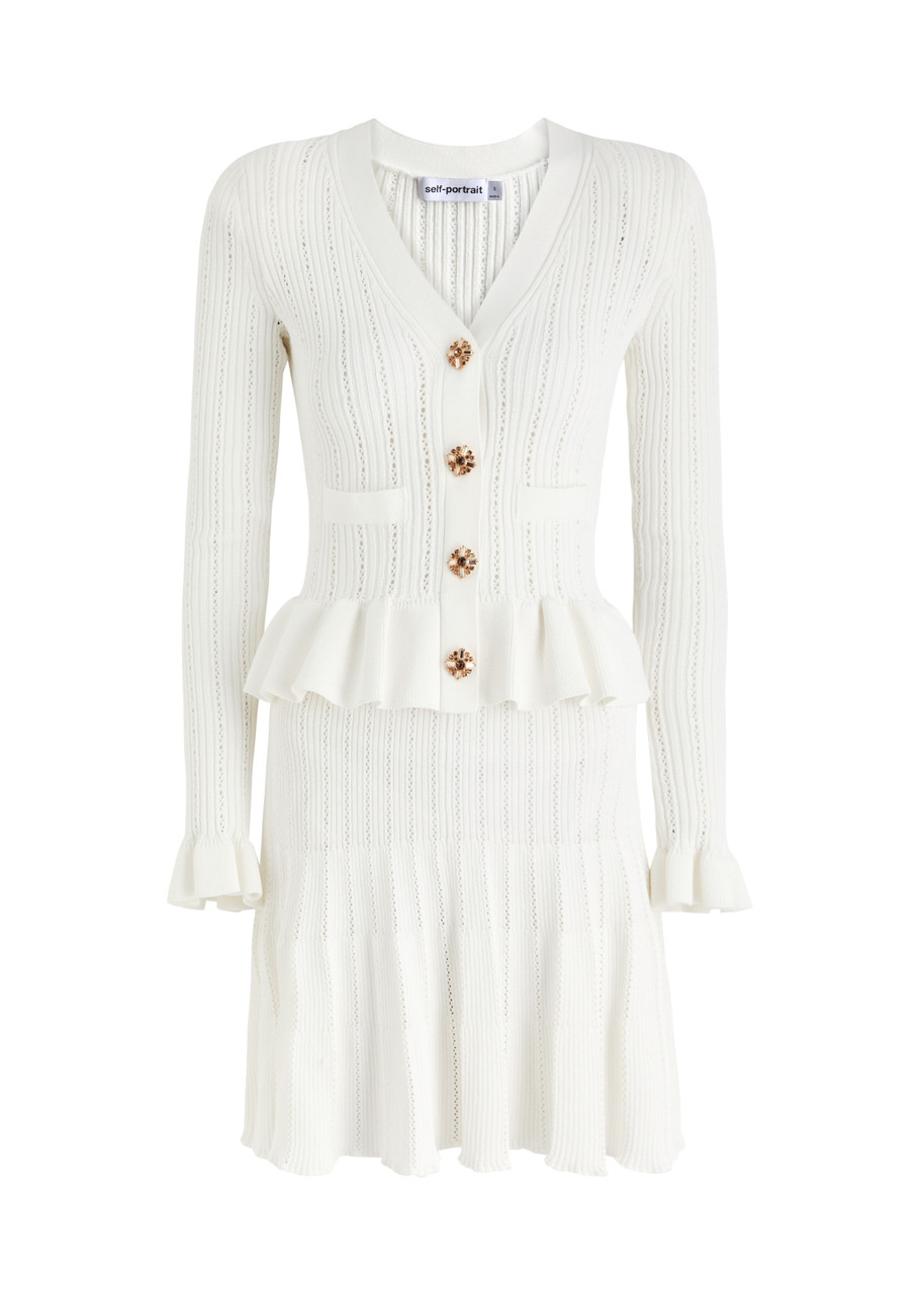 Self-portrait Peplum Ribbed-knit Mini Dress - White - L L