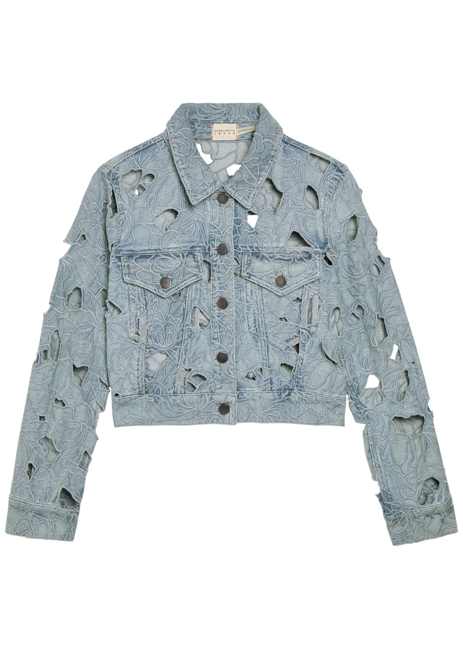 Alice + Olivia Chloe Embroidered Cut-out Denim Cropped Jacket - Blue - L L