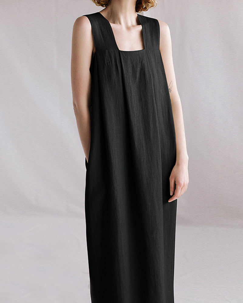 Solid Casual Loose Square Collar Sleeveless Backless Summer Long Midi Dress - Black S