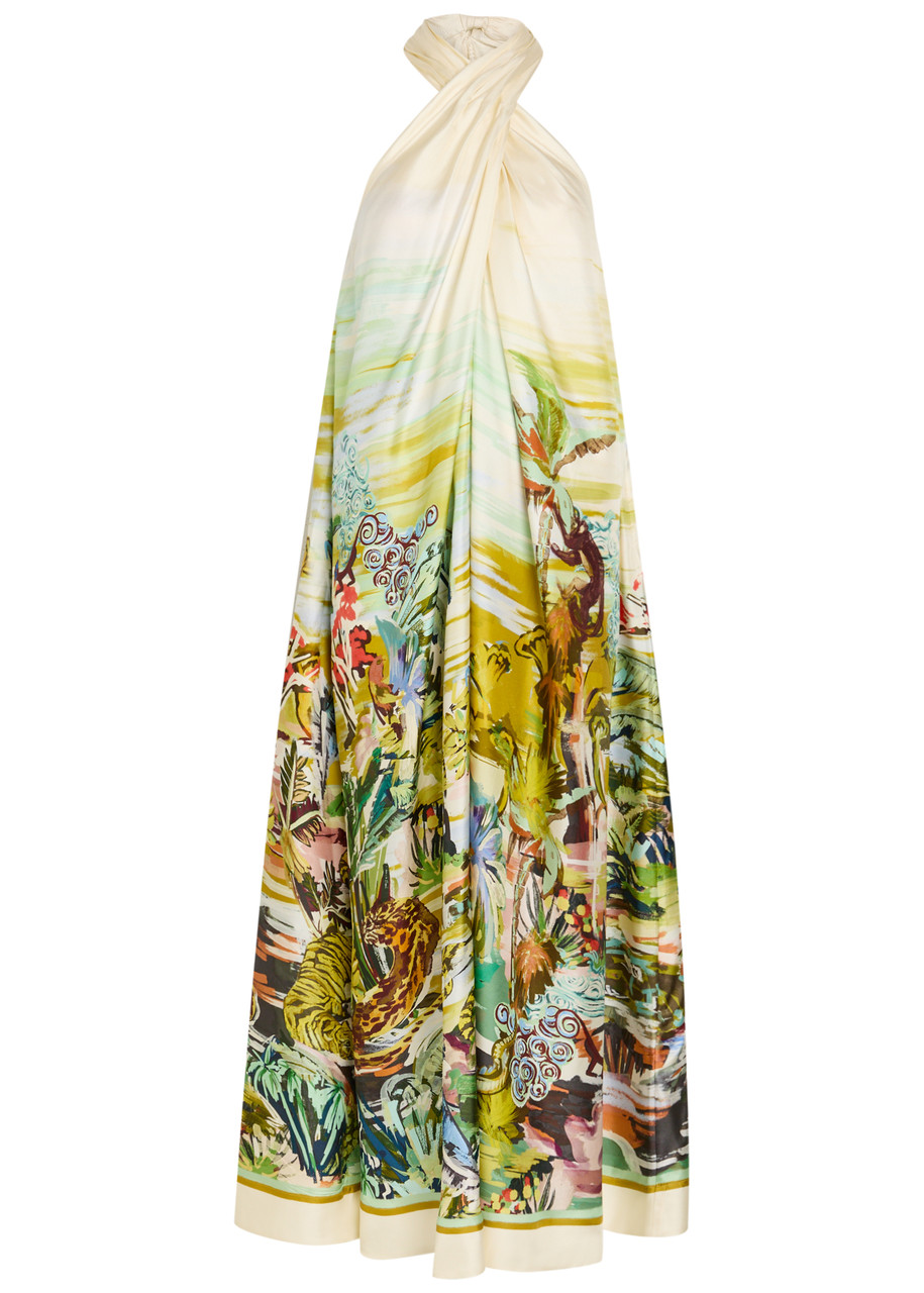 Alemais Jungle Boogie Printed Halterneck Silk Maxi Dress - Multicoloured - S