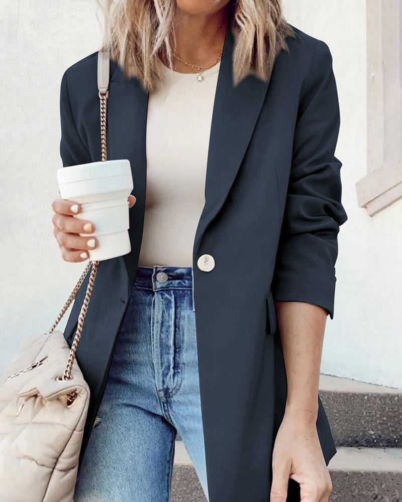 Single Breasted Button Down Office Work Wear Solid Blazer Jacket - Dark Blue S