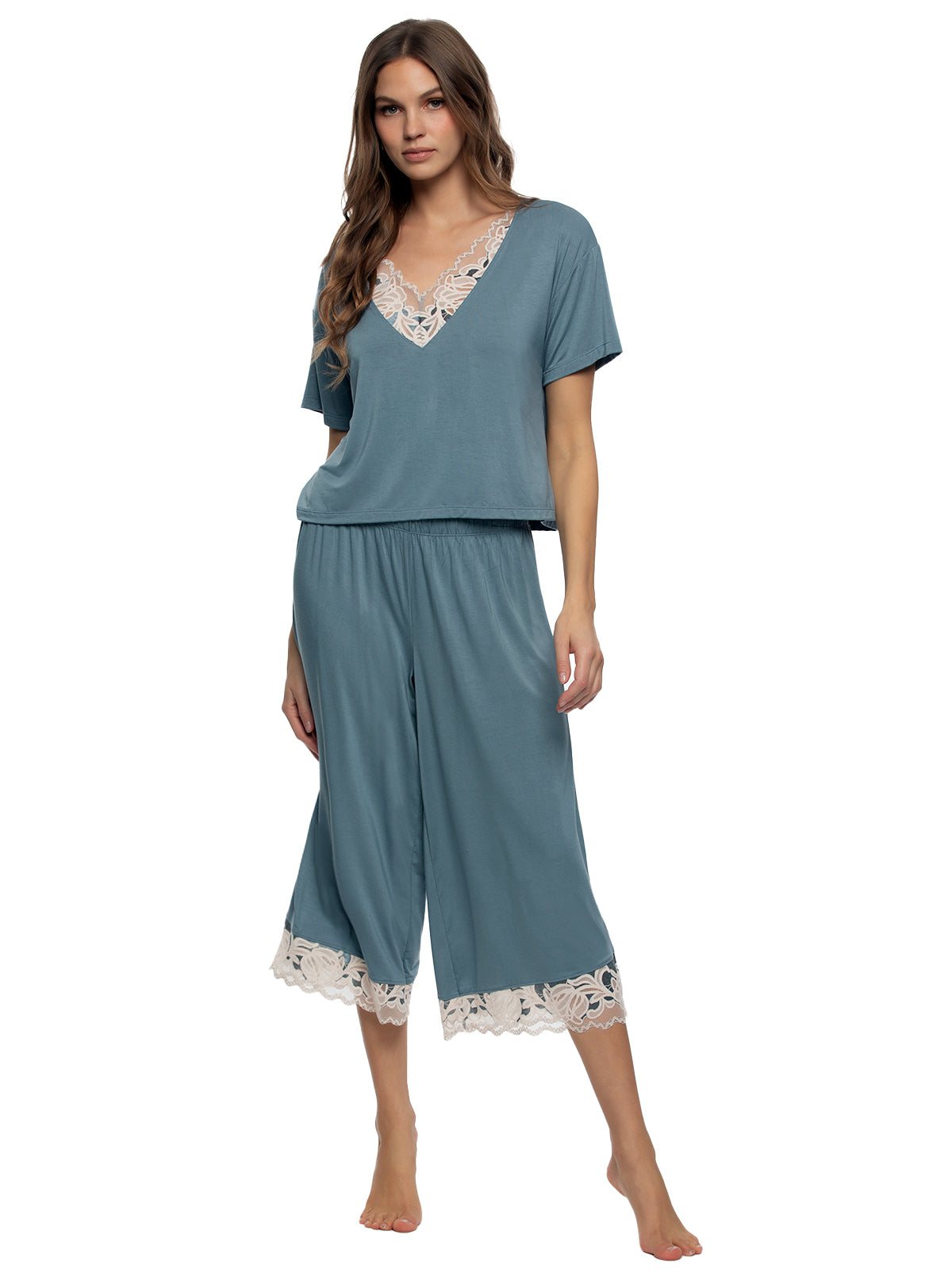 Amelie Vintage Lace Cropped Tee and Pant Set, Stormy Blue Large