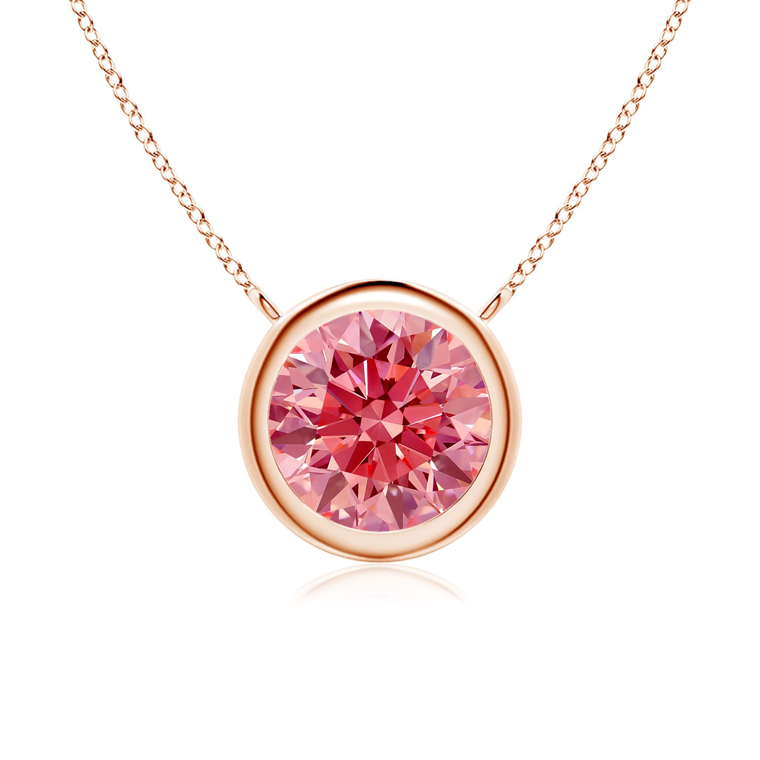 Angara . CTW Bezel-Set Round Fancy Intense Pink Diamond Solitaire Necklace in K Rose Gold