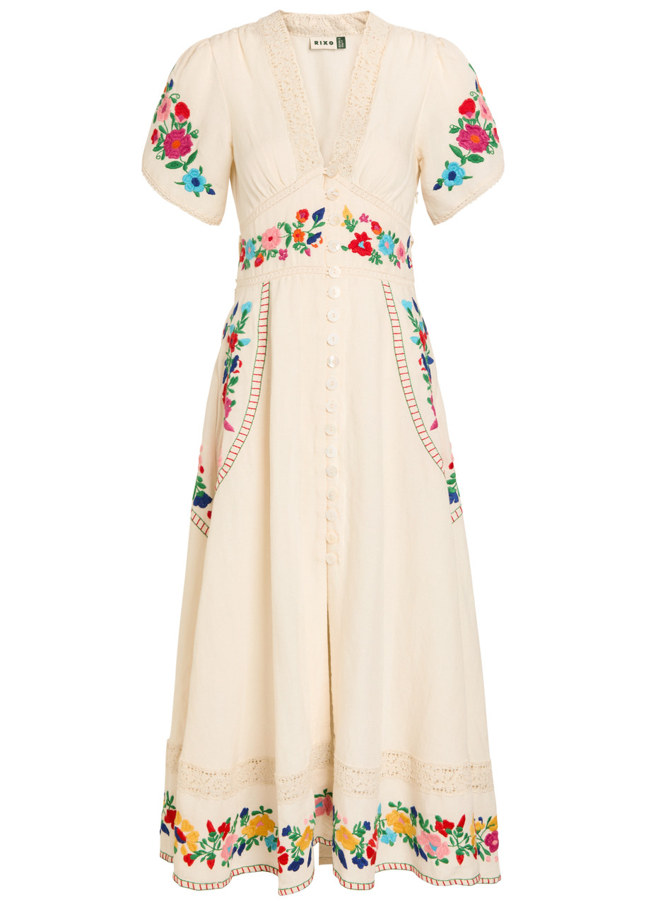 Rixo Novara Floral-embroidered Linen-blend Midi Dress - White - L