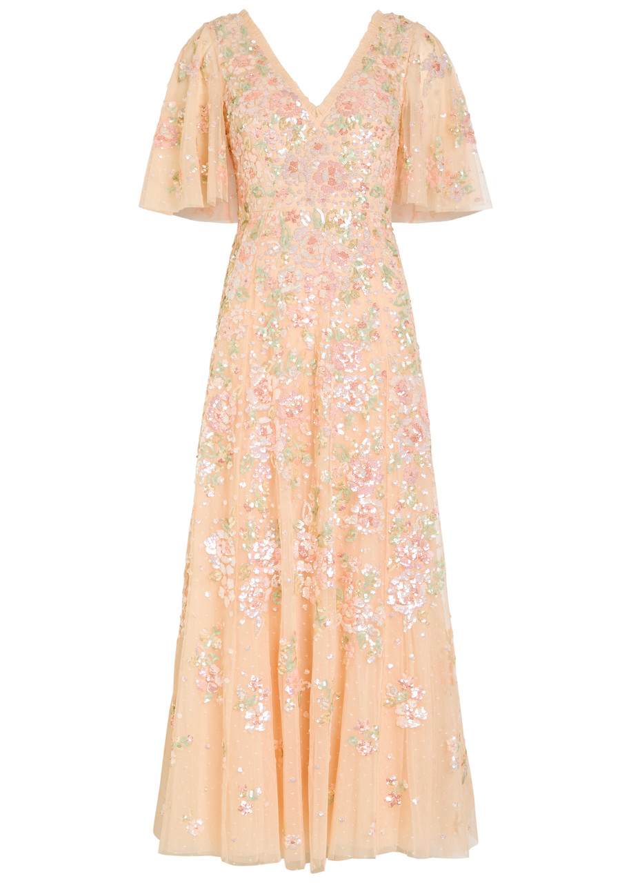 Needle & Thread Sequin Bouquet Embellished Cape-effect Tulle Gown - Pink - L