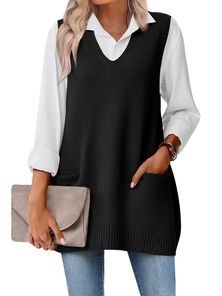 Stylish V-neck Sweater Knit Vest with Pocket