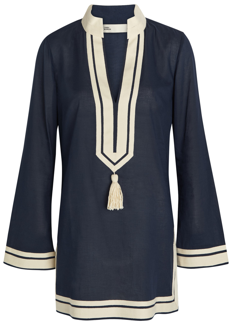Tory Burch V-neck Cotton Mini Tunic Dress - Navy