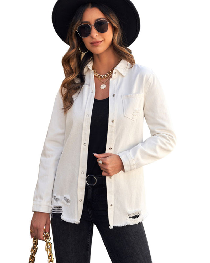 Zeagoo Button Denim Jacket Distressed Ripped Long Sleeve Cute Jean Coat - White S