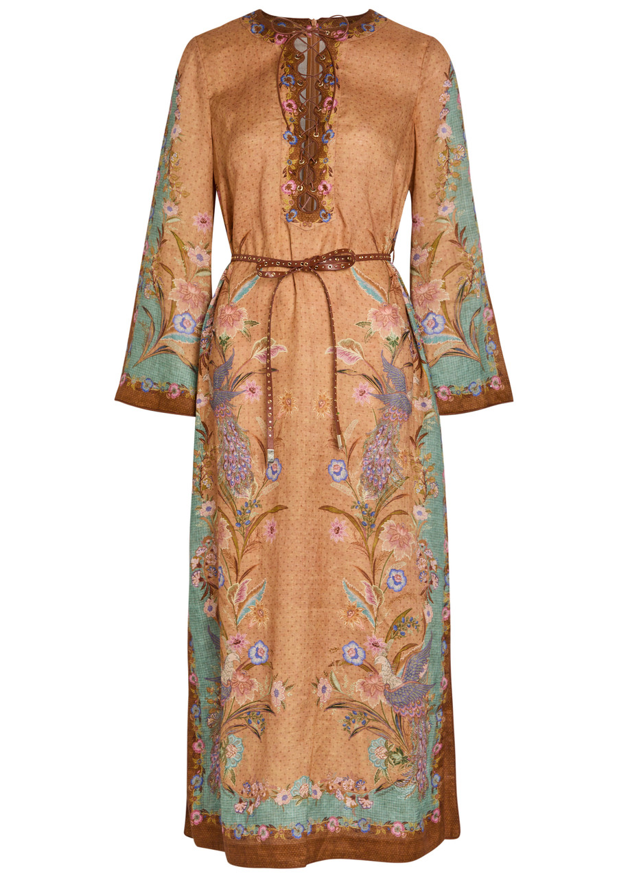 Zimmermann Indra Belted Printed Linen Midi Tunic Dress - Tan -