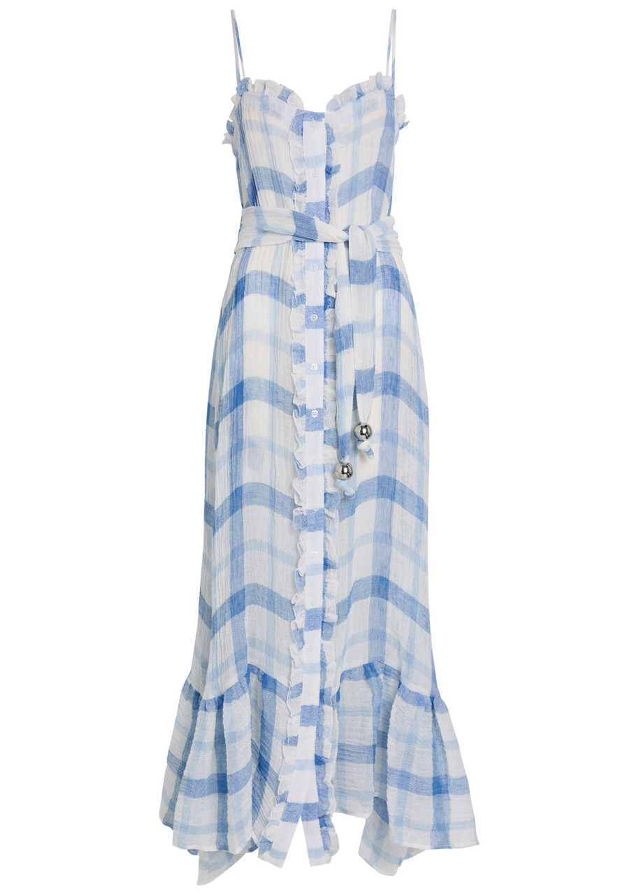 Lisa Marie Fernandez Checked Ruffled Linen-blend Maxi Dress - Blue And White - L L
