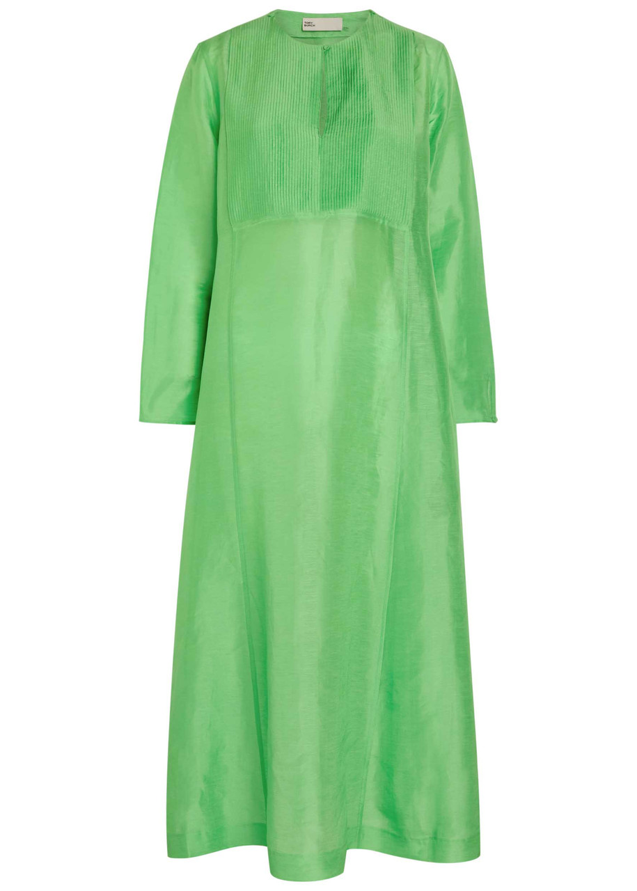 Tory Burch Pleated Linen and Silk-blend Midi Kaftan Dress - Bright Green - S - S