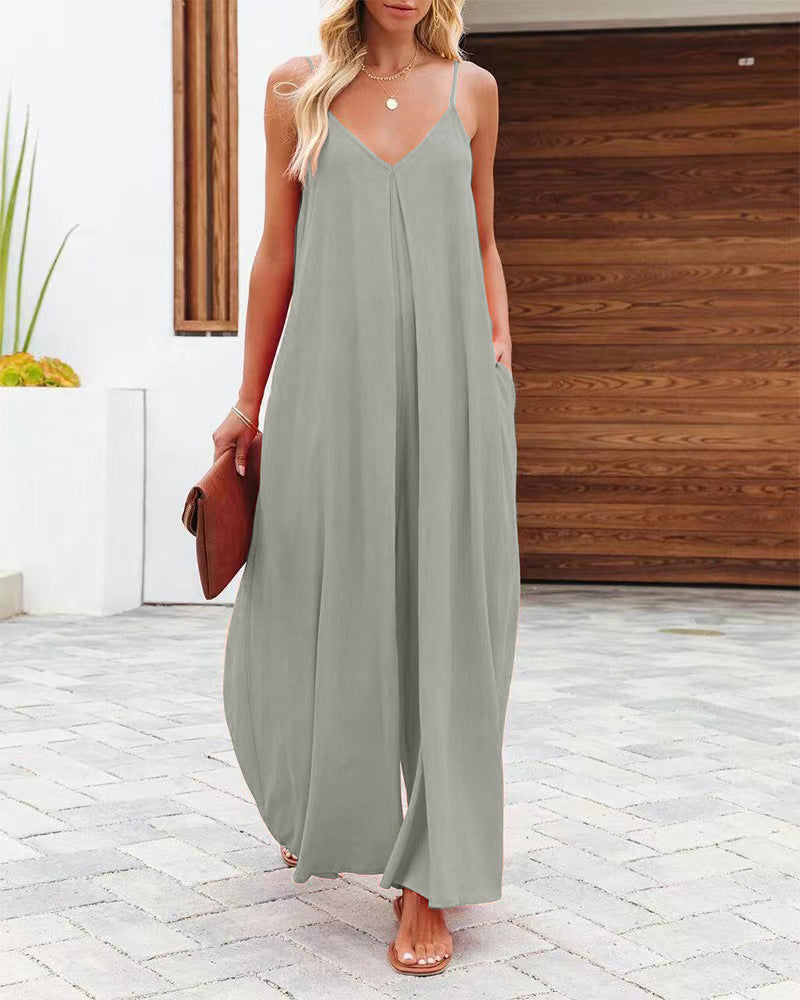 Summer Solid Color V Neck Suspenders Wrapped Wide Leg Long Rompers Pant Jumpsuits - Light Green S