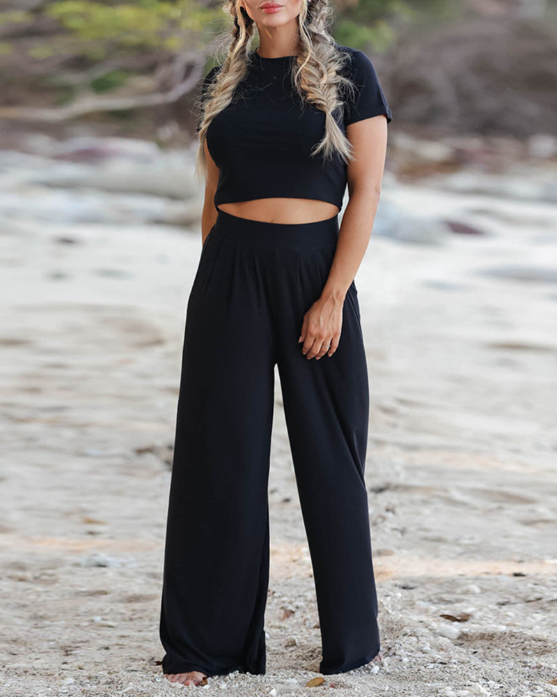 Two Piece Outfit Short Sleeve Crop Top and Wide Leg Pant Set - Black