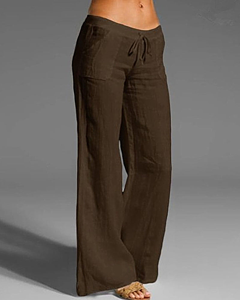 Zeagoo Drawstring Elastic Waist Linen Pants with Pocket Summer Wide Leg Pant Palazzo Trousers - Brown M