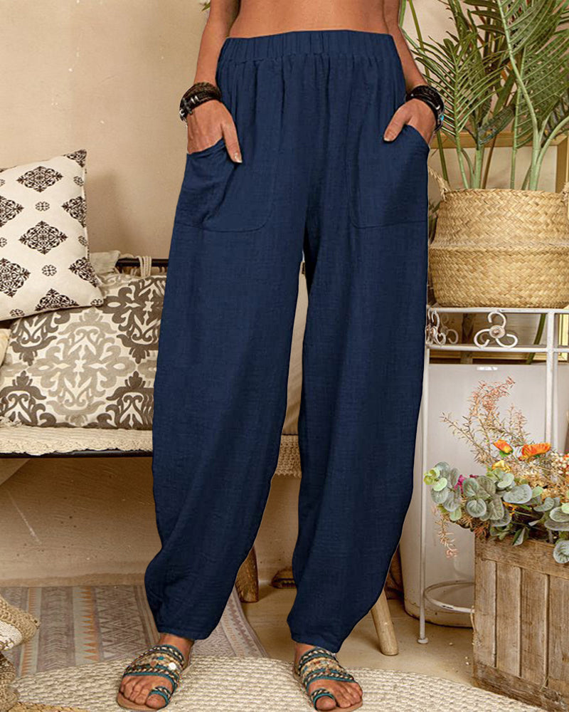 Solid Color Bottoms Elastic Waisted Pant Summer Baggy Trousers Straight Leg Pants - Navy blue L-