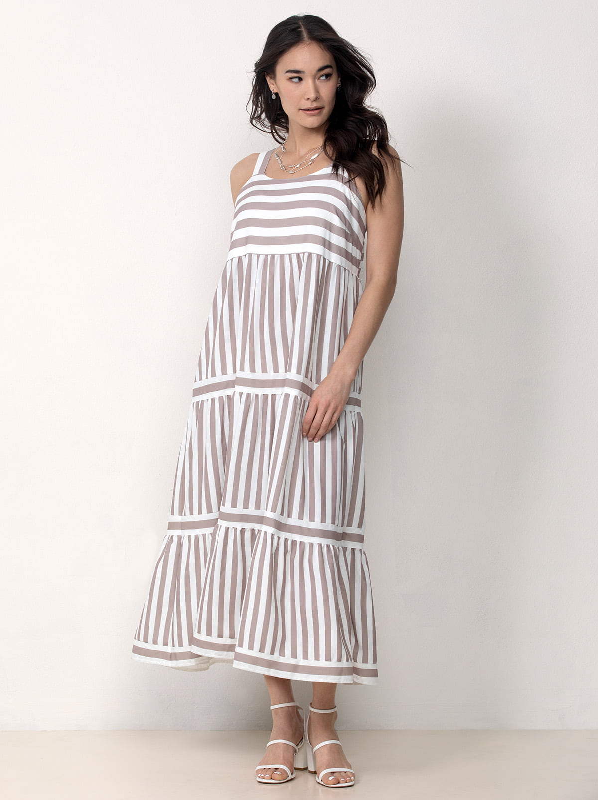 Single Stitch Striped Tiered Maxi Dress, Taupe X
