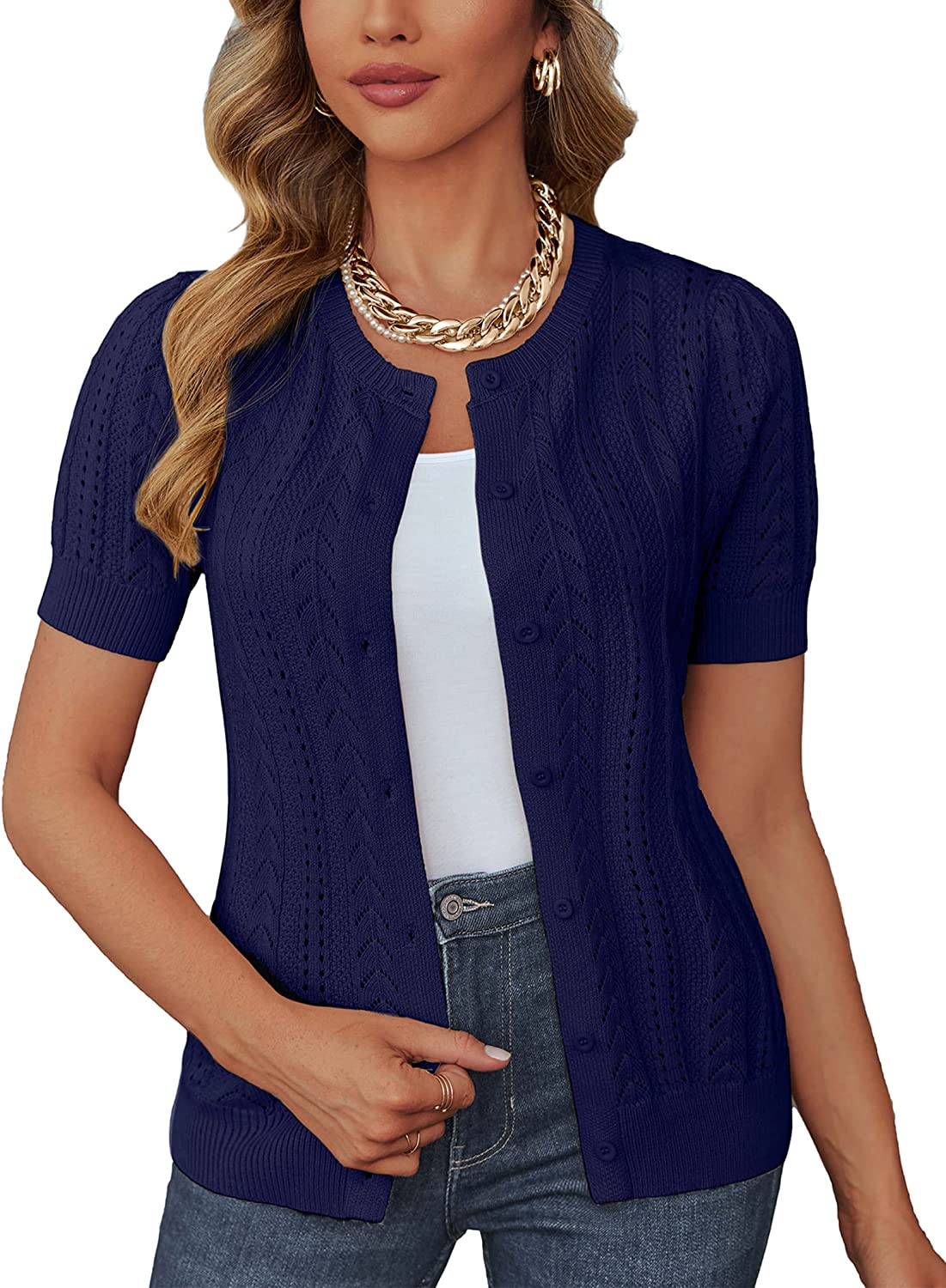 Women Vintage Short Sleeve Cardigan Elegant Button Up Bolero Shrugs for Dresses S-X - Zeagoo- Blue Violet S