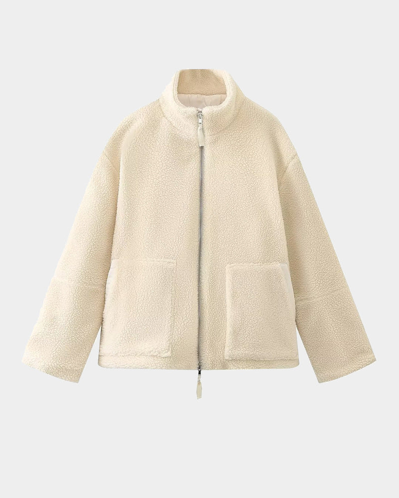 Teddy Fleece Jacket Cozy High Collar Zip-up Coat Fuzzy Winter Outwear with Pockets - Beige S
