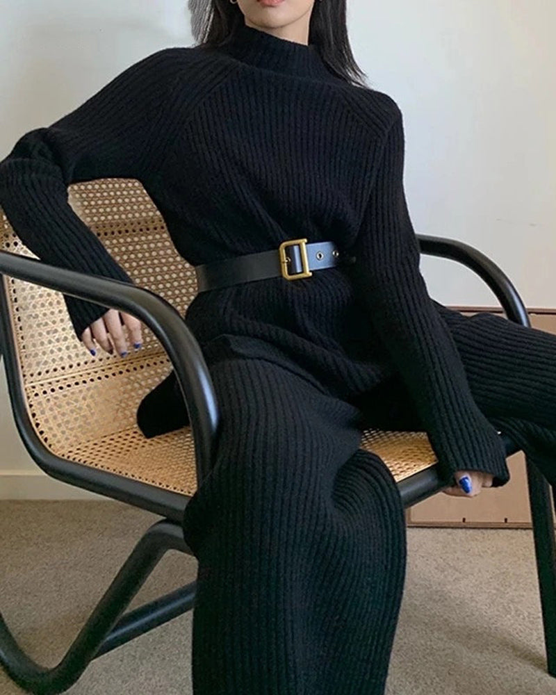 Solid Color Knitted Two Piece Casual Loose Loungewear Knit Sweater&Pants Set - Black L-