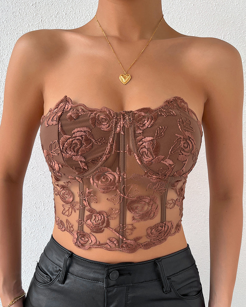 Floral Lace Corset Top - Khaki L-