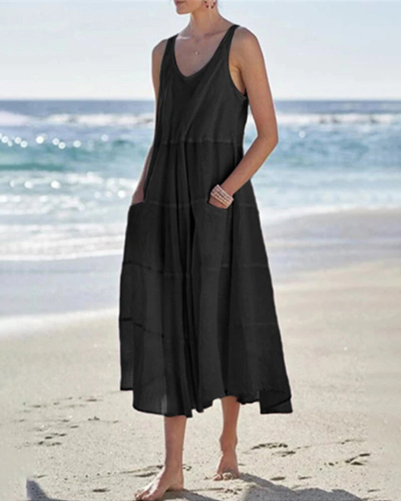 Sleeveless Long Dress Ladies Holiday Sundress - Black