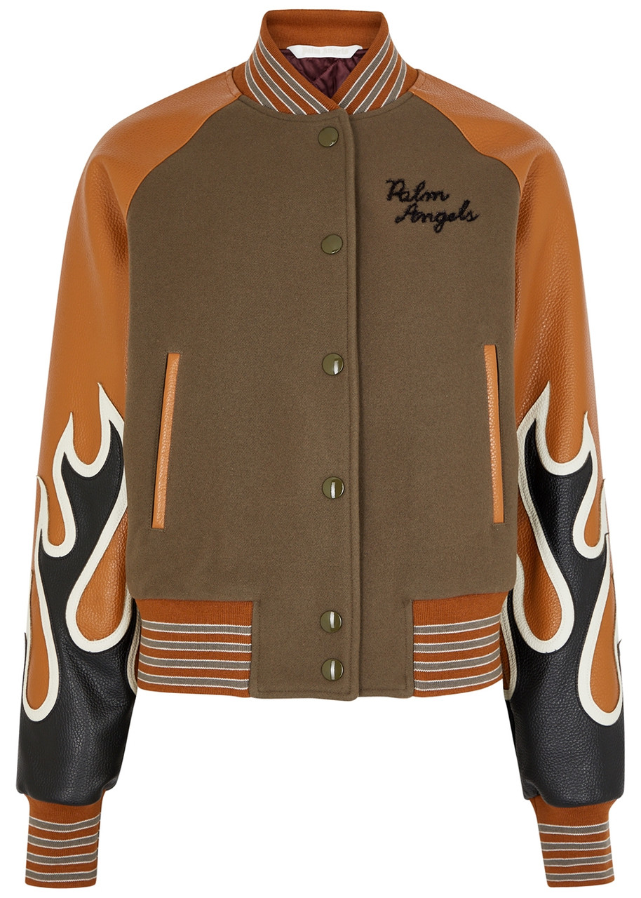 Palm Angels Burning Wool-blend and Leather Varsity Jacket - Khaki - M M